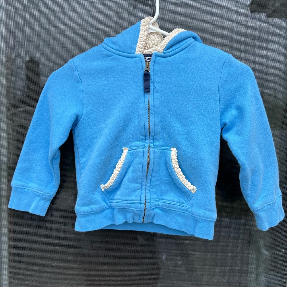 Lands' End Sherpa-Lined Kids Unisex Zip Hoodie Jacket Size 4 Blue‎ Cotton Fleece